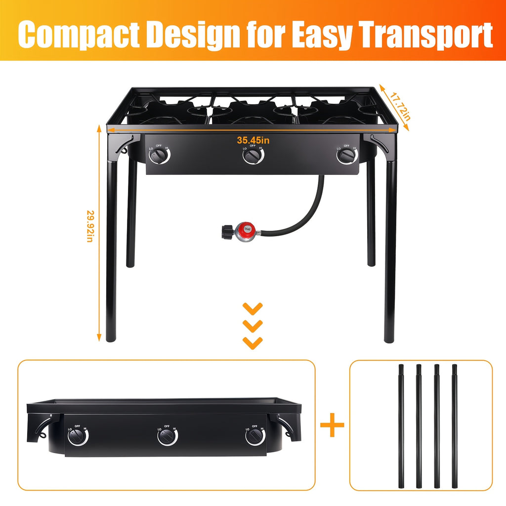 Outdoor Stove, 3-Burner, High-Pressure Propane Gas Camping Stove with Detachable Legs, Ideal for Camping & Patio, 225,000 BTU