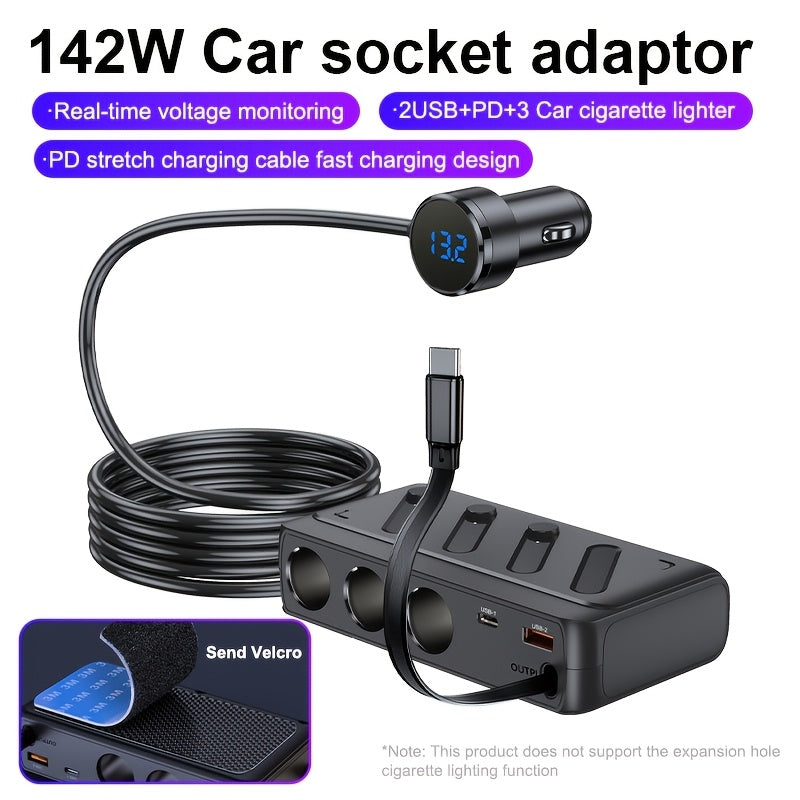 6-in-1 Retractable  Charger with 39.37-inch Retractable Cable, Multi-Function  Charger, 12V/24V, Type-C and QC3.0, USB PD Charging Ports, Independent Switch, LED Voltage Display