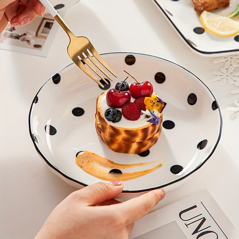 Vintage Polka Dot Ceramic Dinner Plate for Home Use, Microwave & Dishwasher Safe, Healthy Under-Glaze Craftsmanship, Perfect Home Décor & Kitchen Essential