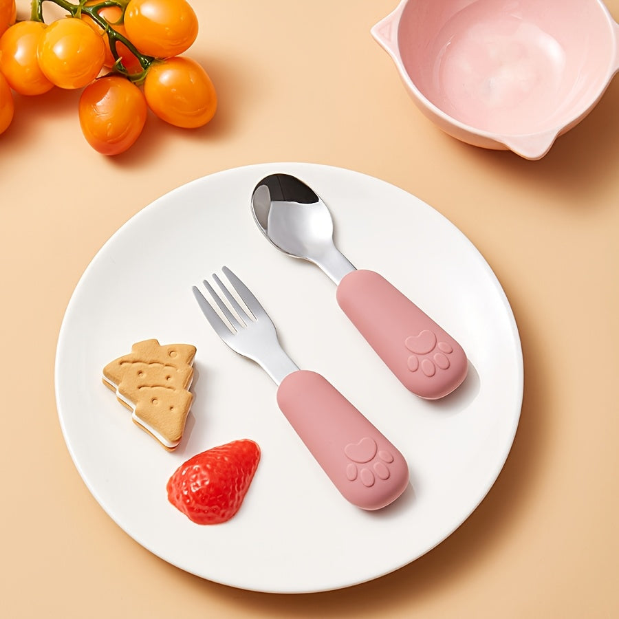1/2 Set Bear Paw Shape Children's Short Handle Fork & Spoon Set – 304 Stainless Steel Non-Slip Grip | Baby & Toddler Self-Feeding Training Cutlery, Learning Meal Training Utensils