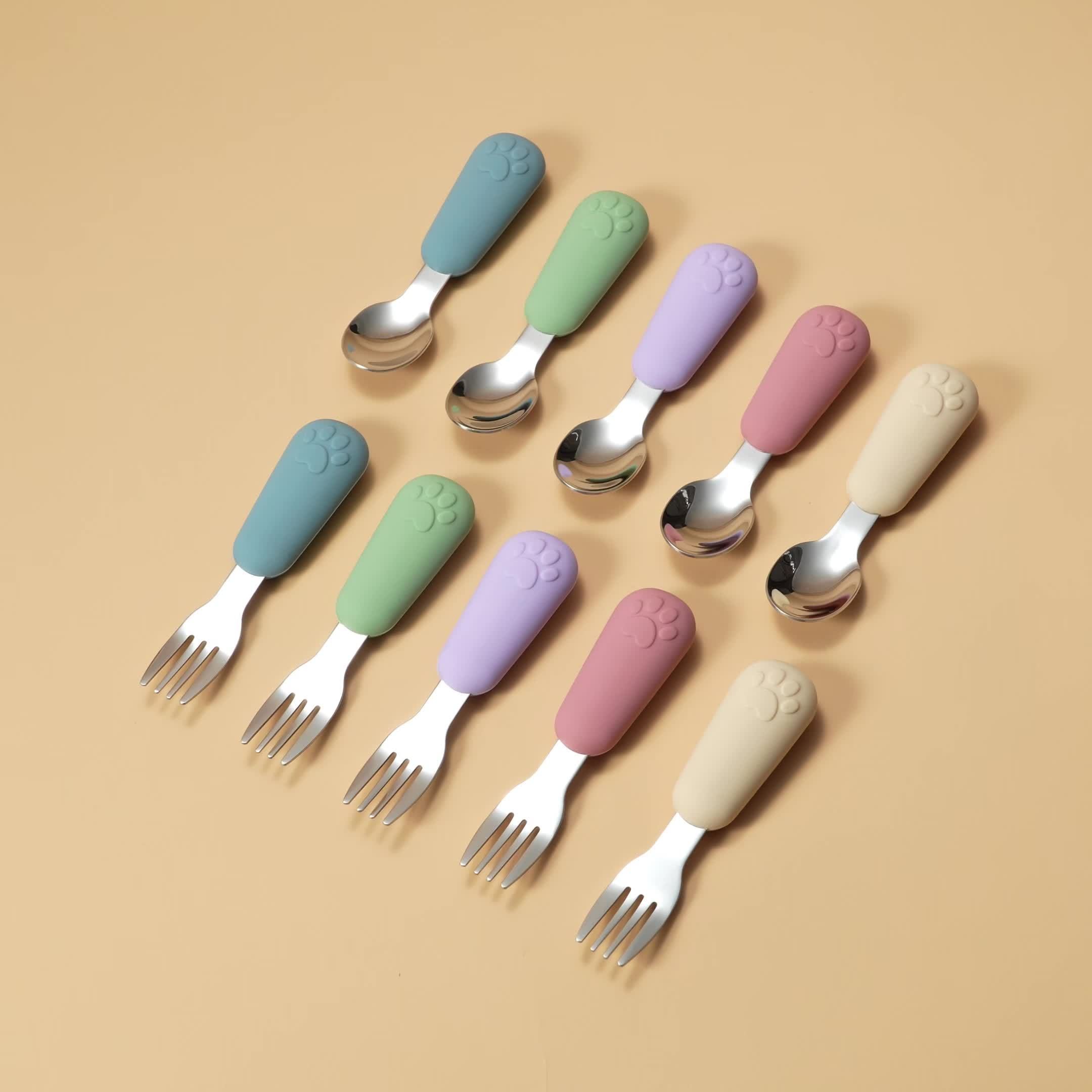 1/2 Set Bear Paw Shape Children's Short Handle Fork & Spoon Set – 304 Stainless Steel Non-Slip Grip | Baby & Toddler Self-Feeding Training Cutlery, Learning Meal Training Utensils