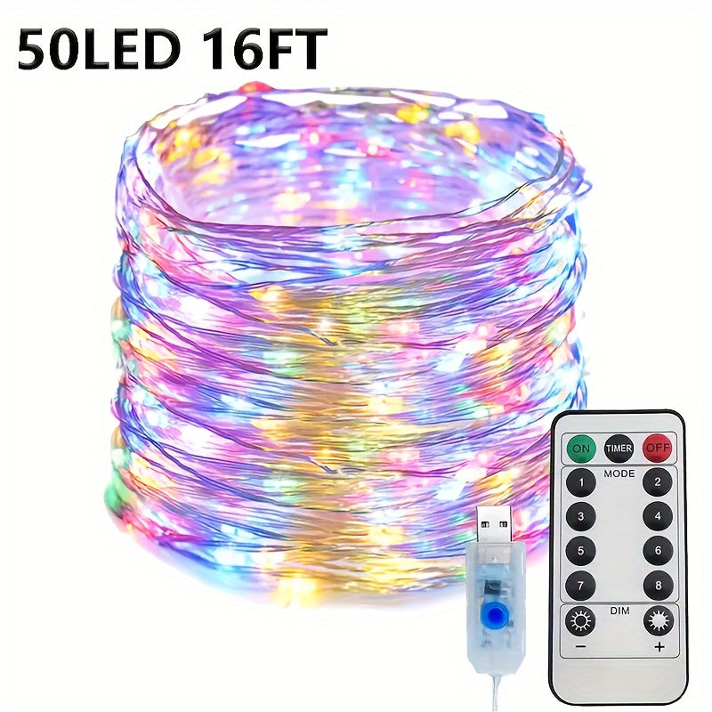 USB灯串 | 66FT 200LED, 33Ft 100 LED, 16.4FT 50LED 变色银丝灯，带8种照明模式遥控器，适用于工艺品卧室天花板圣诞装饰，彩色铜丝灯，USB供电，包含纽扣电池