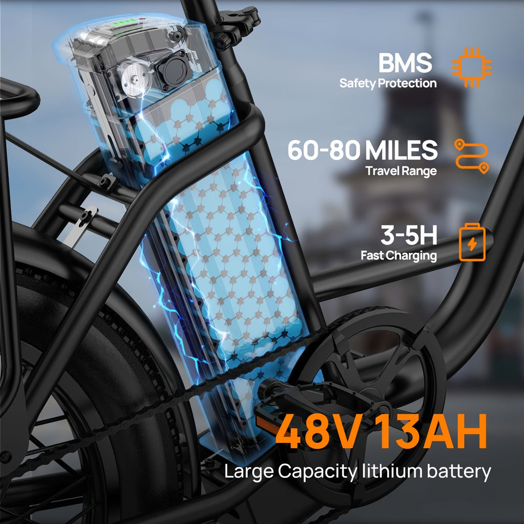 E20电动自行车，配备745W无刷电机与48V 13Ah电池，续航40-60英里（约64-96公里），全地形20英寸车轮，前悬挂系统，碟刹制动系统，动力充足，可兼容外置充电器（插电式）