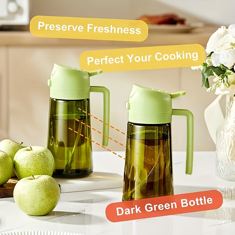 1PC Dual Use Oil Sprayer & Dispenser, Non-stick Auto Flip Condiment Squeeze Bottle, Green Plastic Olive Oil Storage Bottle for Kitchen BBQ Salad