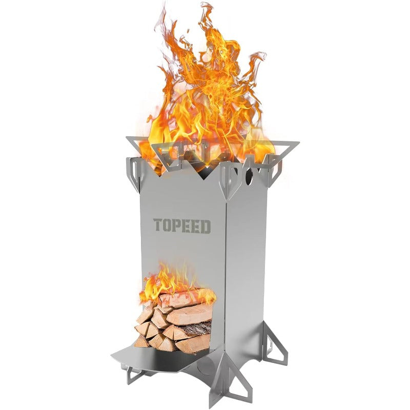 Portable Wood Burning Camping Stove - Outdoor Rocket Stove with Chimney System, Efficient Combustion, Foldable & Lightweight (Works with Wood, Charcoal, Coal, Solid Fuel) - Ideal for Hiking, Survival, RV, BBQ, Picnic -