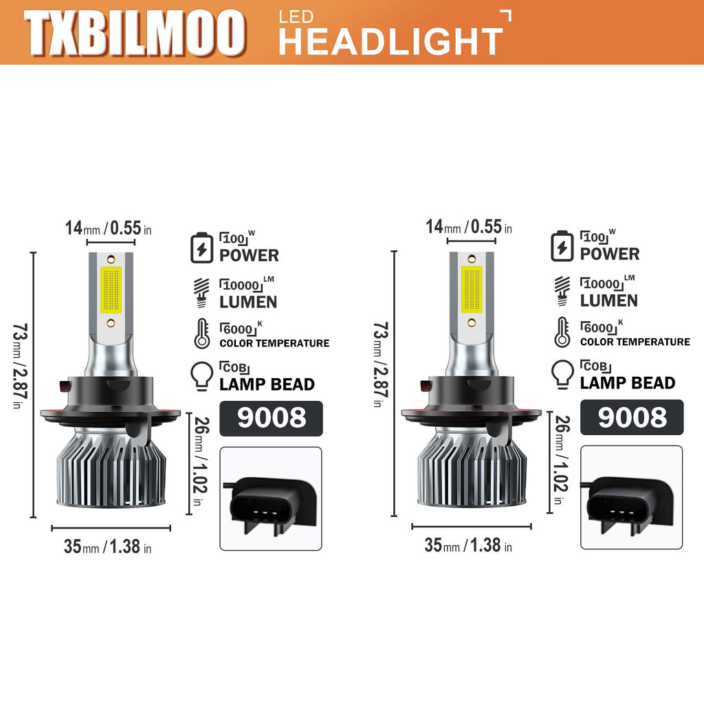 9008 H13 TXBILMOO 2-Pack Combo LED Headlight Bulbs High/Low Beam Set Bright White 10000 Lumens