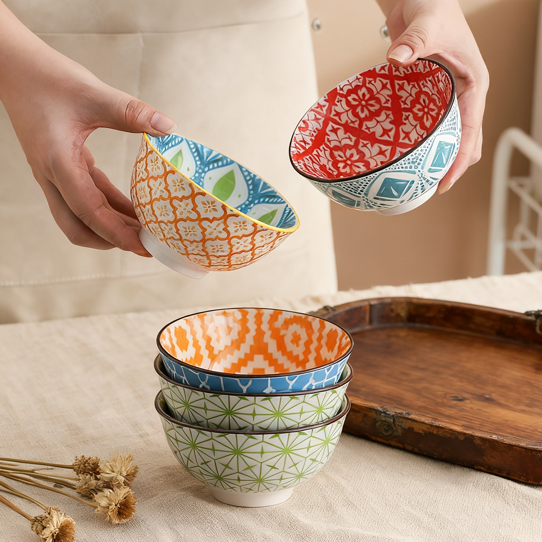 4-Piece Bohemian Style Ceramic Salad Bowls, 4.8-Inch Colorful Kitchen Bowl Set – Great Gift for Family & Friends – Can Be Used as Fruit Bowl, Salad Bowl, Cereal Bowl, Rice Bowl, etc. – Dishwasher & Microwave Safe