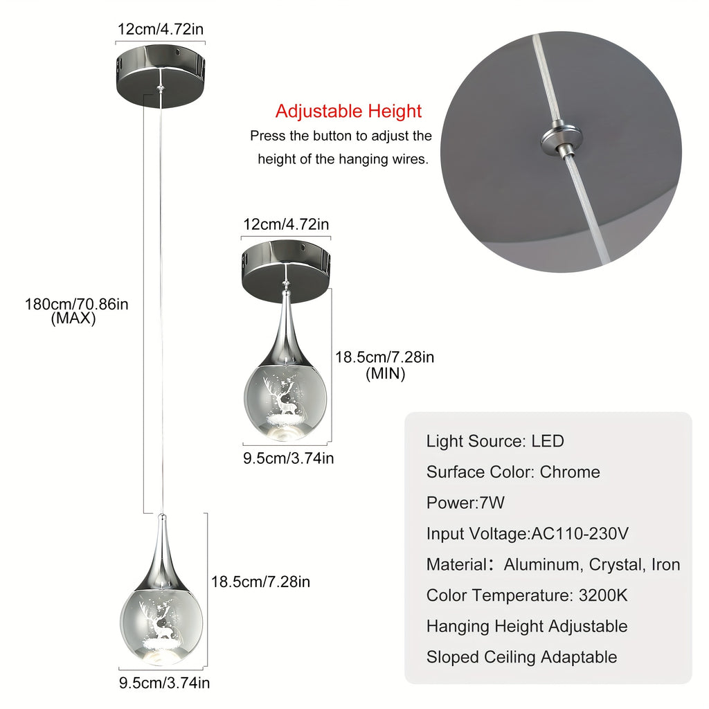 Enncll modern chrome globe LED pendant light, with 3D deer crystal lampshade - adjustable hanging height, polished metal finish, warm 3200K light, suitable for kitchen island, dining room or bar, elegant teardrop design