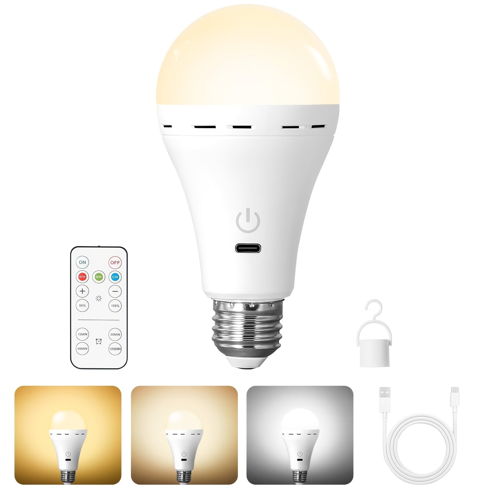 Rechargeable remote control timer bulb, backup battery bulb for wall lamps and desk lamps, emergency rechargeable bulb for non-hardwired fixtures, 3 color temperatures, dimmable, 36V and below