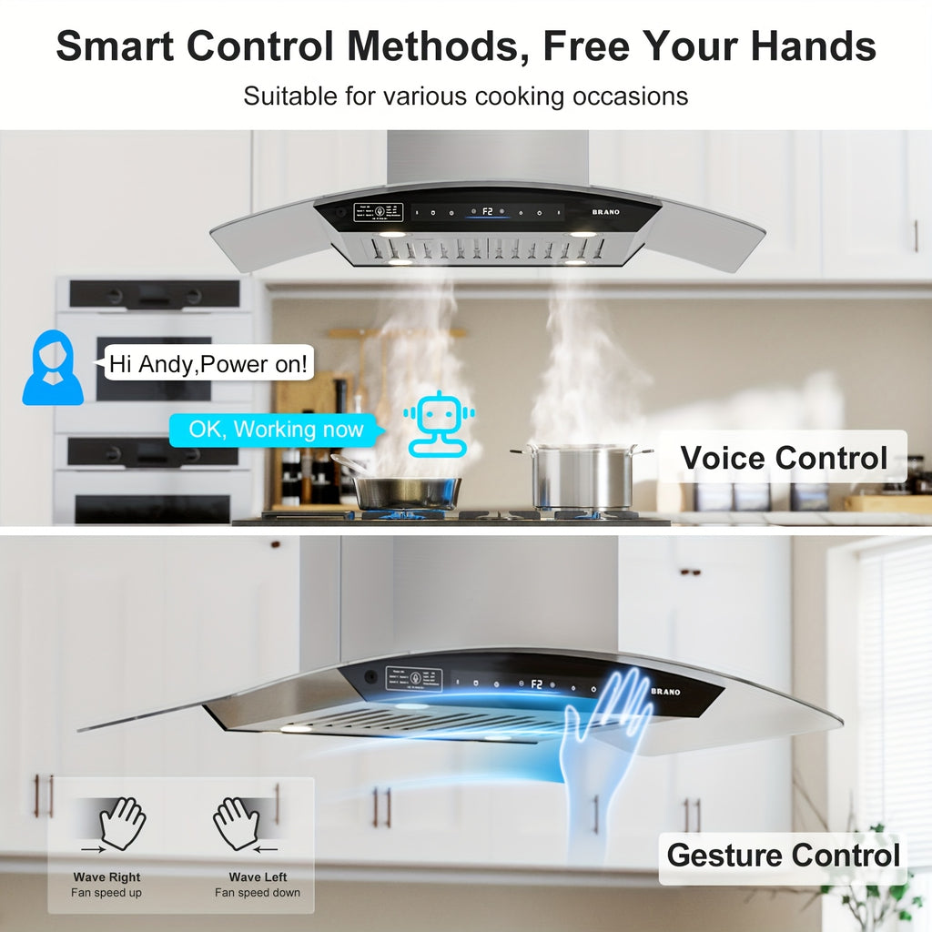 36-Inch Island Range Hood, 900CFM Voice/Gesture/Touch Control Ceiling Exhaust Hood, 4-Speed Fan, 4 LED Lights, Memory Mode, Convertible Ducted/Ductless with 2 Charcoal Filters