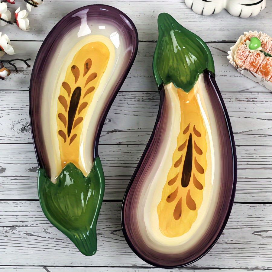 1 Piece Frank Exhibition Inspired Ceramic Eggplant Plate – Creative Purple & Green Vegetable-Shaped Tray, Perfect for Fruit, Snacks & More – Glossy Finish, Ideal for Home Use & All Seasons