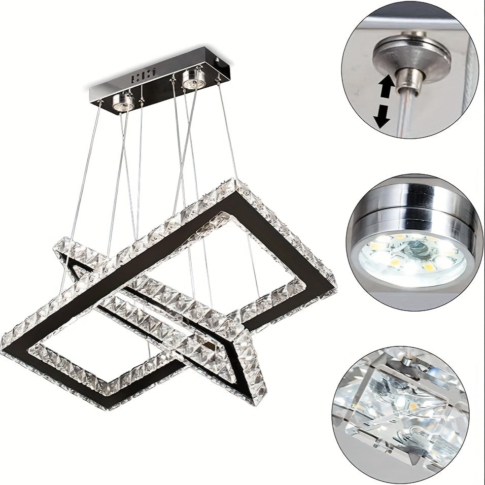 Modern pendant light with remote control, 20.5-inch LED dimmable 2-ring rectangular crystal chandelier adjustable height, dining room kitchen living room island light pendant light