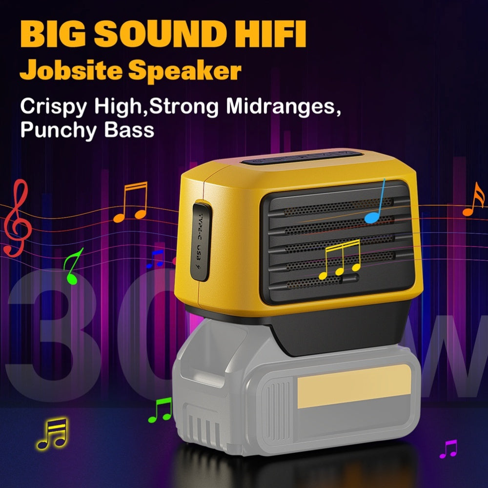 SurgeSonic 大音量 HiFi 工地扬声器，适用于 DeWALT 18V 和 20V Max 电池 - 便携式高保真立体声音响，带 USB-A/C 充电、PD20W、低音、无线连接、应急灯，非常适合车库工作、建筑、户外派对、节日礼物（不含电池）、Hi-Fi 便携式盒子