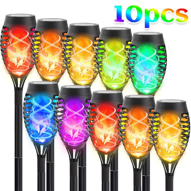 10 Pack Color Solar Flame Lights with Auto Color Changing, Includes Festival and Halloween Home Decorative Ambient Light, and Outdoor Waterproof LED Lighting, Auto On/Off from Dusk to Dawn