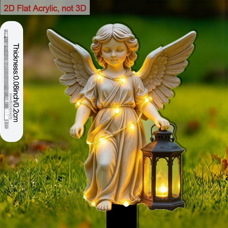 2D Flat, Angel Statue Garden Stake with Light-Up Lantern and Sharp Base - Self-Lit Outdoor / Acrylic Plant Flower Pot, Courtyard Decoration - Angel Holding Lantern, Durable Ground Stake (No Wiring Needed), 2D Flat