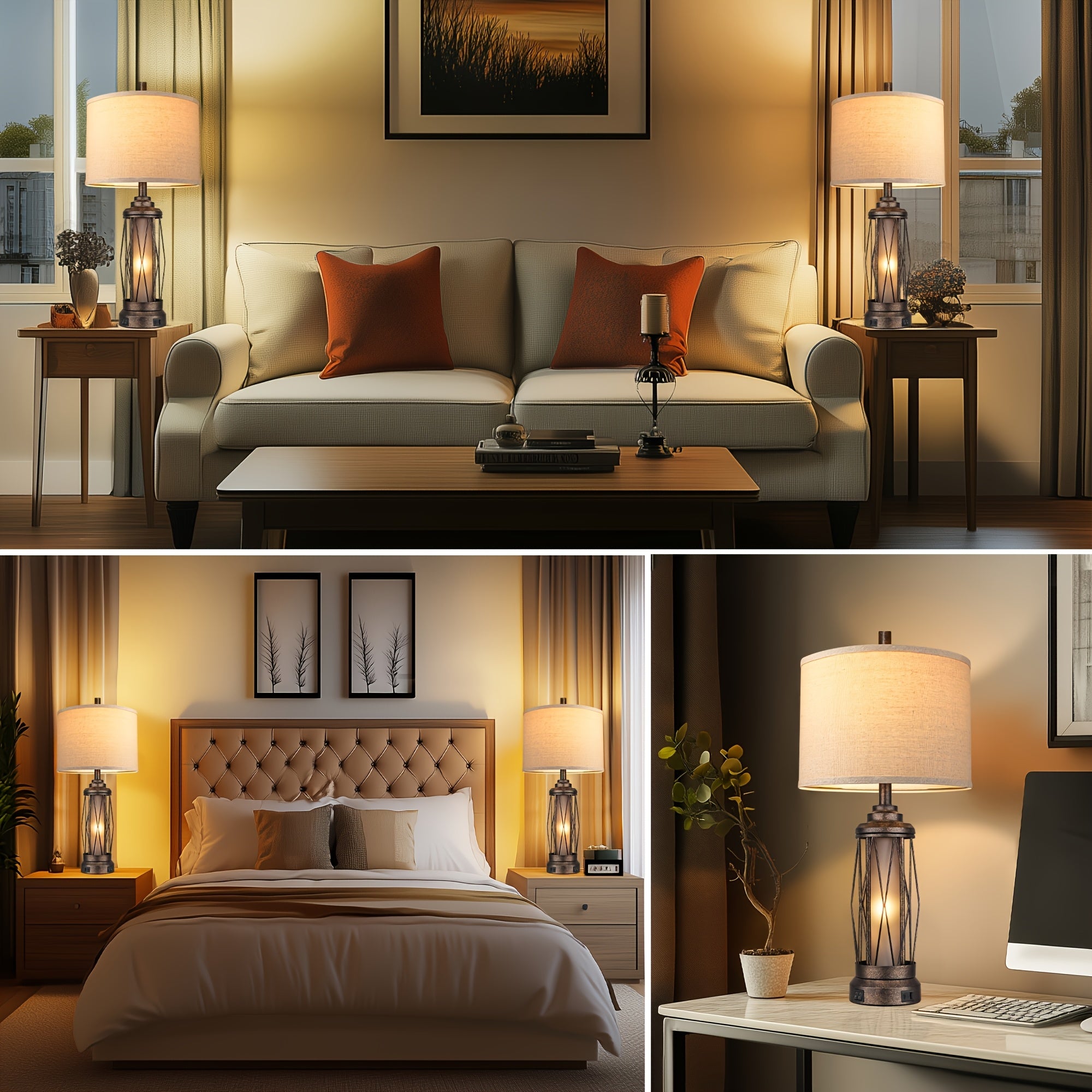 Farmhouse table lamp for living room, bedroom rustic nightstand lamp with USB C+A charging port, built-in frosted glass night light for entryway coffee table, includes 4 bulbs, bronze, suitable for Christmas and Halloween