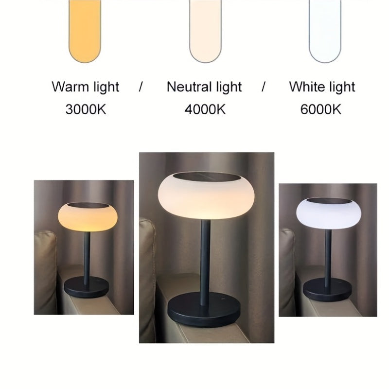 A rechargeable table lamp with smart remote control and dusk-to-dawn activation sensor. This wireless bedside lamp can be powered by solar energy and offers adjustable brightness, perfect for camping.