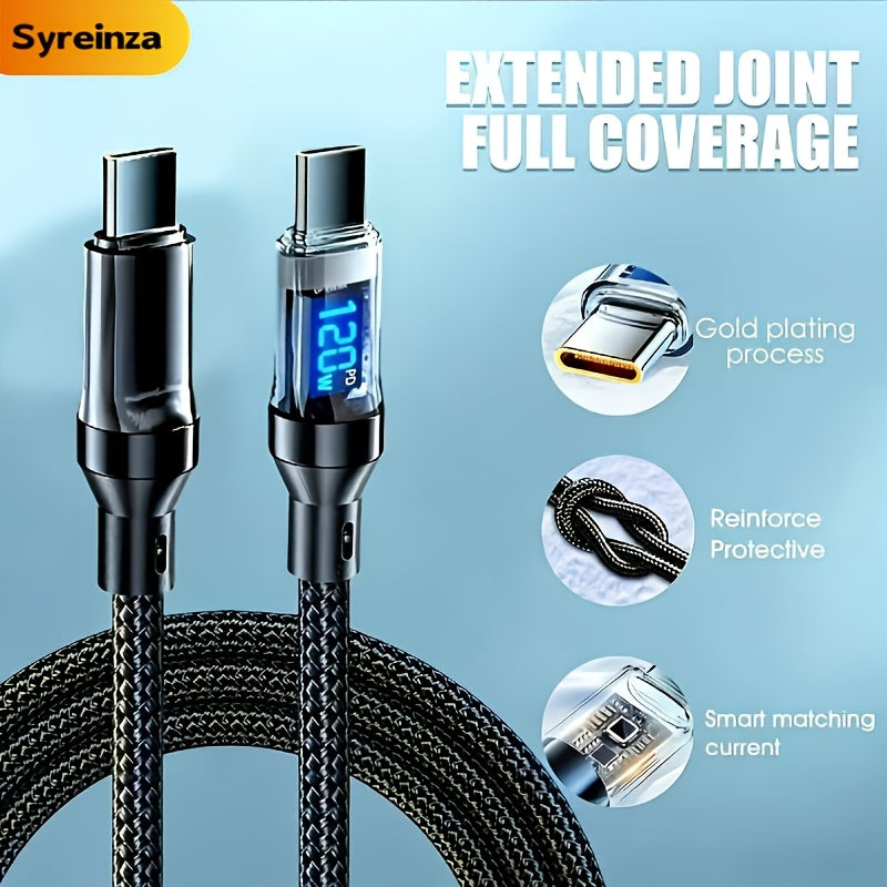 120W6A超快充USB-C线，Type-C转Type-C，黑色扁平尼龙PVC资料同步线，附实时数位显示器,≤36V工作电压，品牌Syreinza，适合家庭办公室旅行尼龙编织加固耐用高品质科技爱好者数据线适用于 iPhone, Android, Samsung