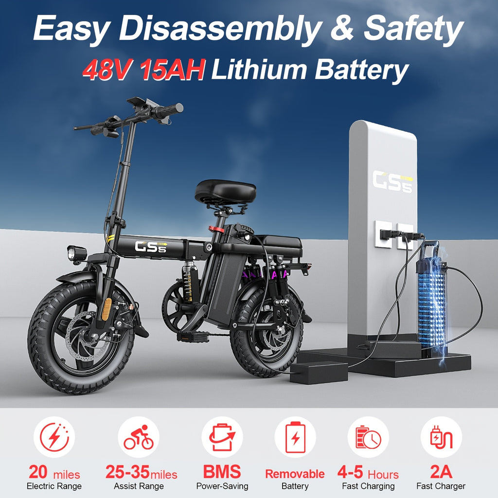 UPlee 740W 成人电动自行车，20MPH 全悬挂舒适骑行，48V15Ah，最大续航 32 英里可折叠电动自行车，14 英寸无内胎越野轮胎,城市通勤
