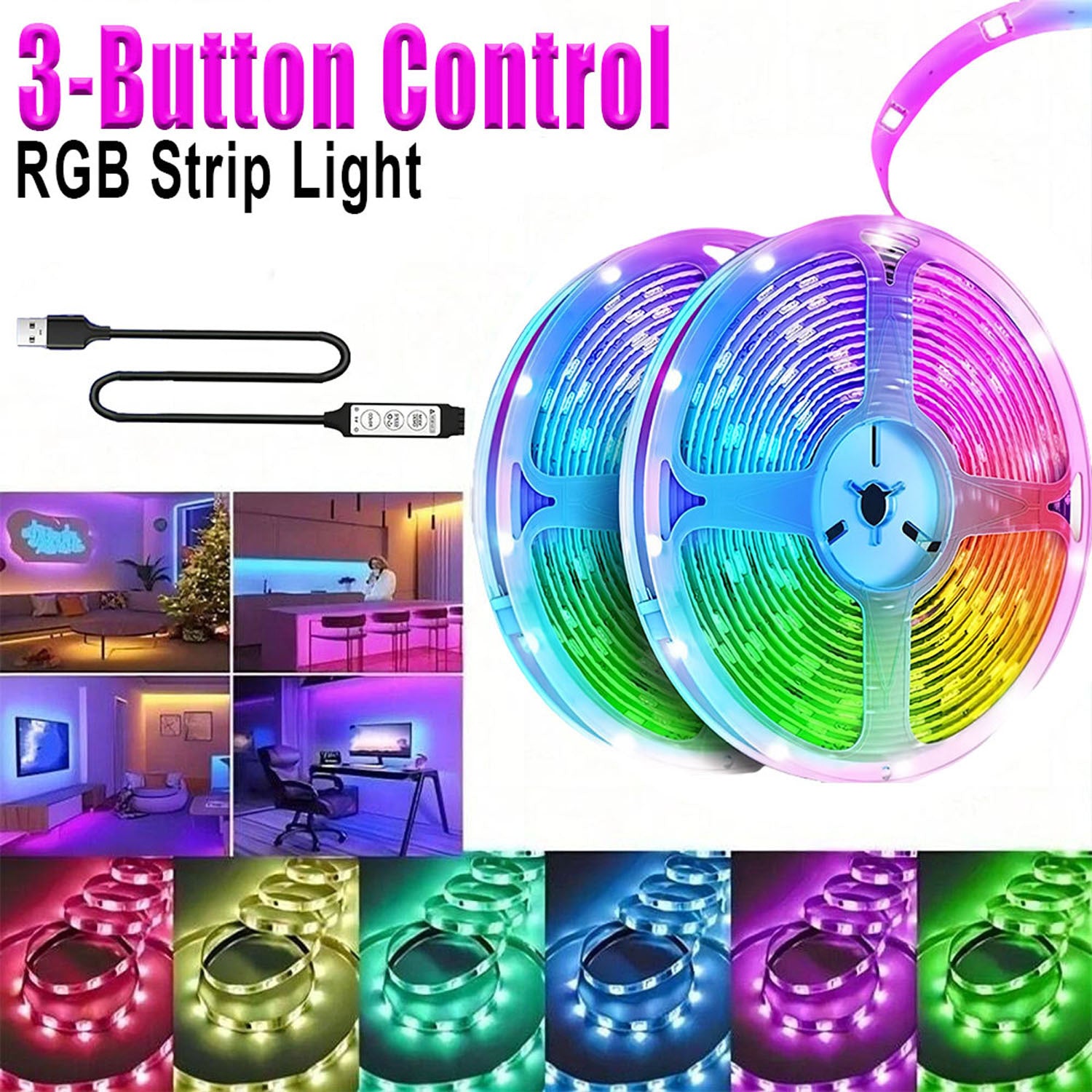 USB RGB LED灯带，配备三键遥控器，3535变色柔性灯带，可调亮度与多种模式，可裁剪式橱柜下照明灯，适用于客厅、舞蹈室及节日装饰