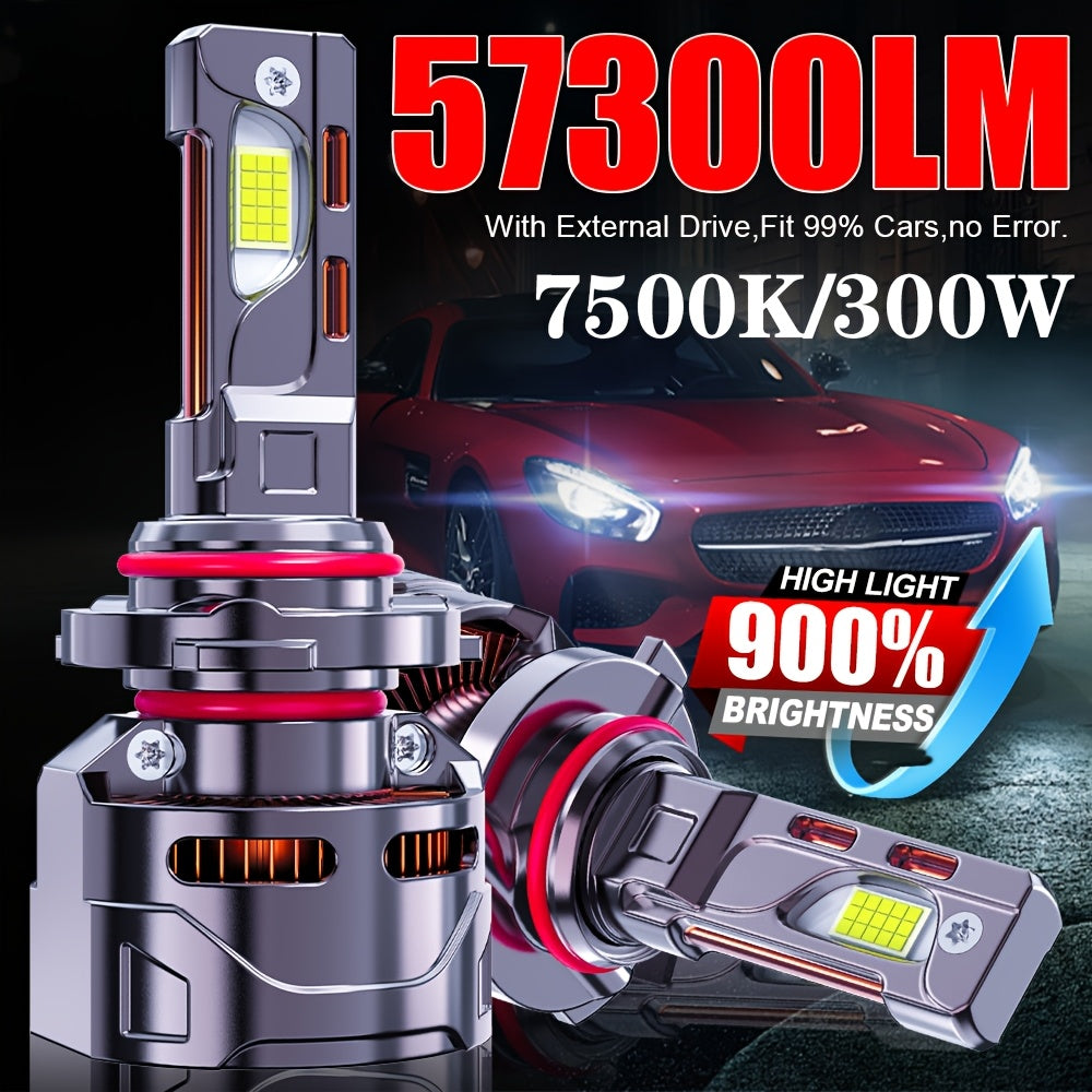 2 Pcs LED Car Headlight Bulbs, 57300 Lumens, 300W High Power, H1, H4, H7, H11, High/Low Beam, HB3/9005, HB4/9006, HIR2/9012-O129, 9570 CSP Chip, Plug-and-Play, Aluminum, External Driver, 900% Brightness Increase, No Battery Included