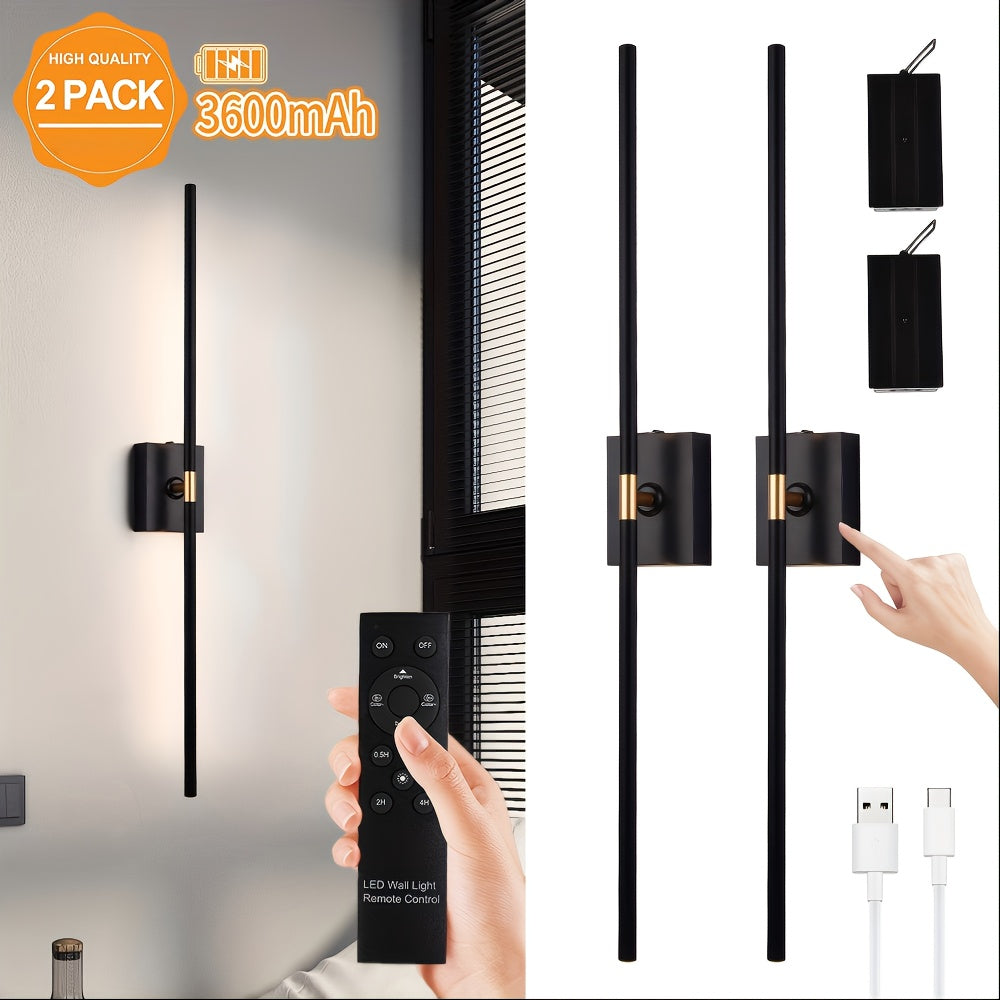 Battery-powered wall light set: 3600mAh rechargeable wall light with remote control, 360° rotatable cordless wall light decoration, suitable for TV/mirror bedroom living room, plastic base metal lamp tube