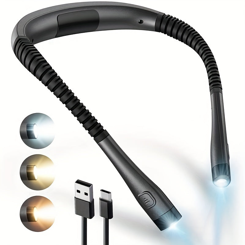 LED Hands-Free Flashlight, Neck Hanging Reading Light, Bed Book Reading Lamp, 3 Colors 6 Brightness Levels, Flexible Bendable Arm, Rechargeable Durable, Perfect for Reading, Knitting, Camping