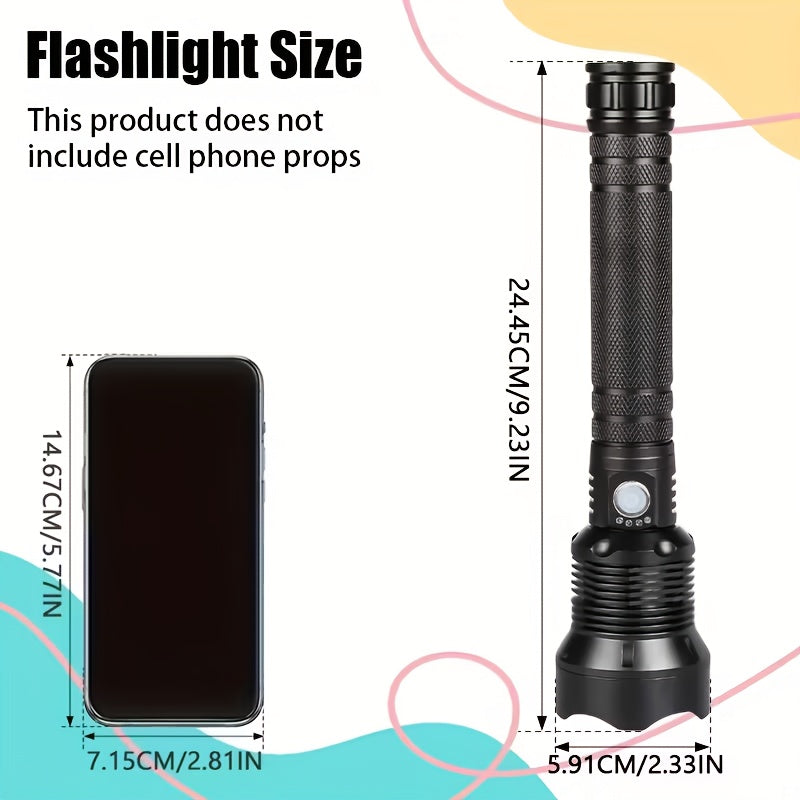Extended Zoomable High Lumen Flashlight, Multifunctional Night Search Light with Power Indicator, USB Rechargeable Emergency Work Light for Hiking Camping Fishing