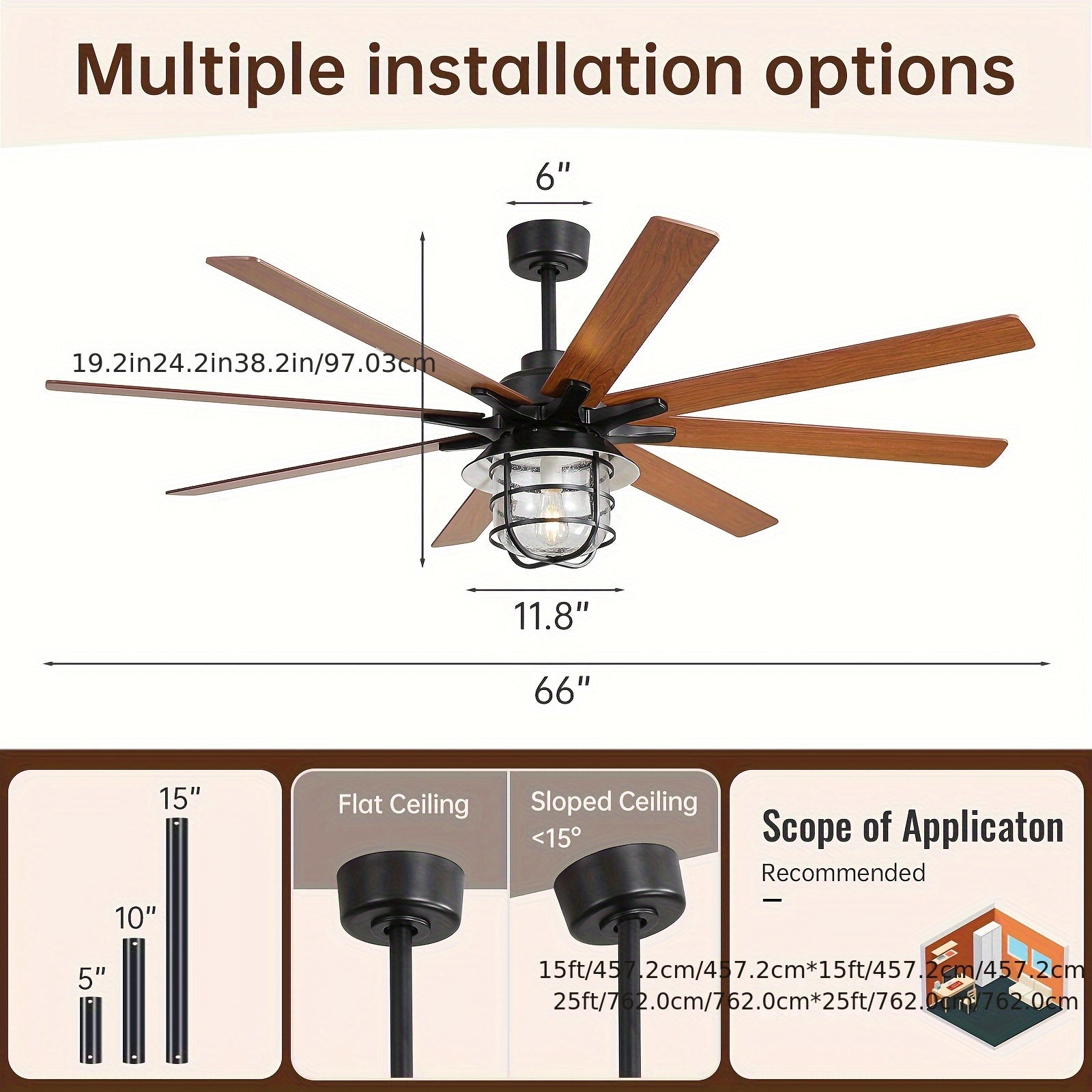 Sofucor 66 Inch Large Ceiling Fan with Light, 8 Blades Ceiling Fan with E26 Bulb & Remote Control, Ideal for Living Room & Dining Room, Ceiling Fan with Light
