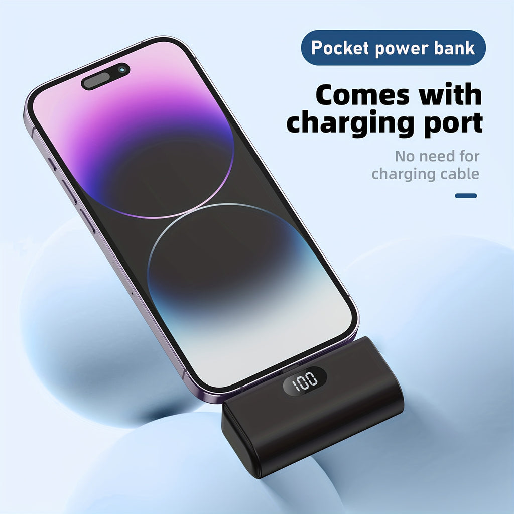 [新款迷你移動電源] 5000mAh超輕便攜充電器，內建USB-C直插式介面，5V2A輸出，LED數字顯示，無需線纜，直接插入充電，適合飛行，相容IOS 17/16 Plus/15 Pro/15 Pro Max/Pad Pro，安卓手機、耳機、揚聲器及其他電子裝置。是通勤者、旅行者、學生的理想選擇