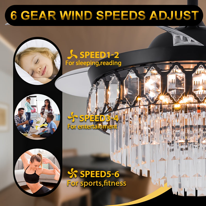 42 Inch Black Crystal Ceiling Light, Luxury Retractable Chandelier Fan with Music Player, 6-Speed Dimmable Chandelier, Ideal for Bedroom Living Room, Chandelier with Fan, Home Theater Lighting