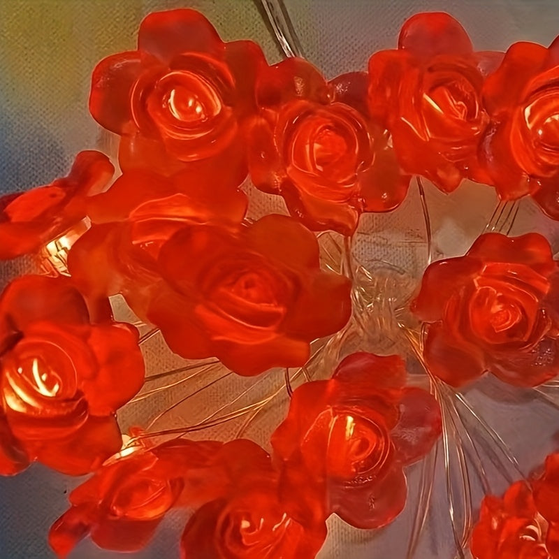 1 个含 20头 LED 灯的红色玫瑰花串灯，是情人节、生日、表白、求婚、布置氛围灯、房间（包括卧室、客厅）、墙壁装饰的理想之选 —— 由电池供电（不含电池）