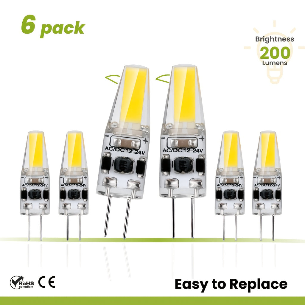 6/12-pack G4 LED bulb, 1.8W (20W halogen replacement), 3000K/4000K/6000K, warm white to daylight, 200LM flicker-free, AC/DC 12V, Cobx1Led T3 two-pin base, non-dimmable, suitable for light fixtures, under-cabinet lighting, RVs, boats