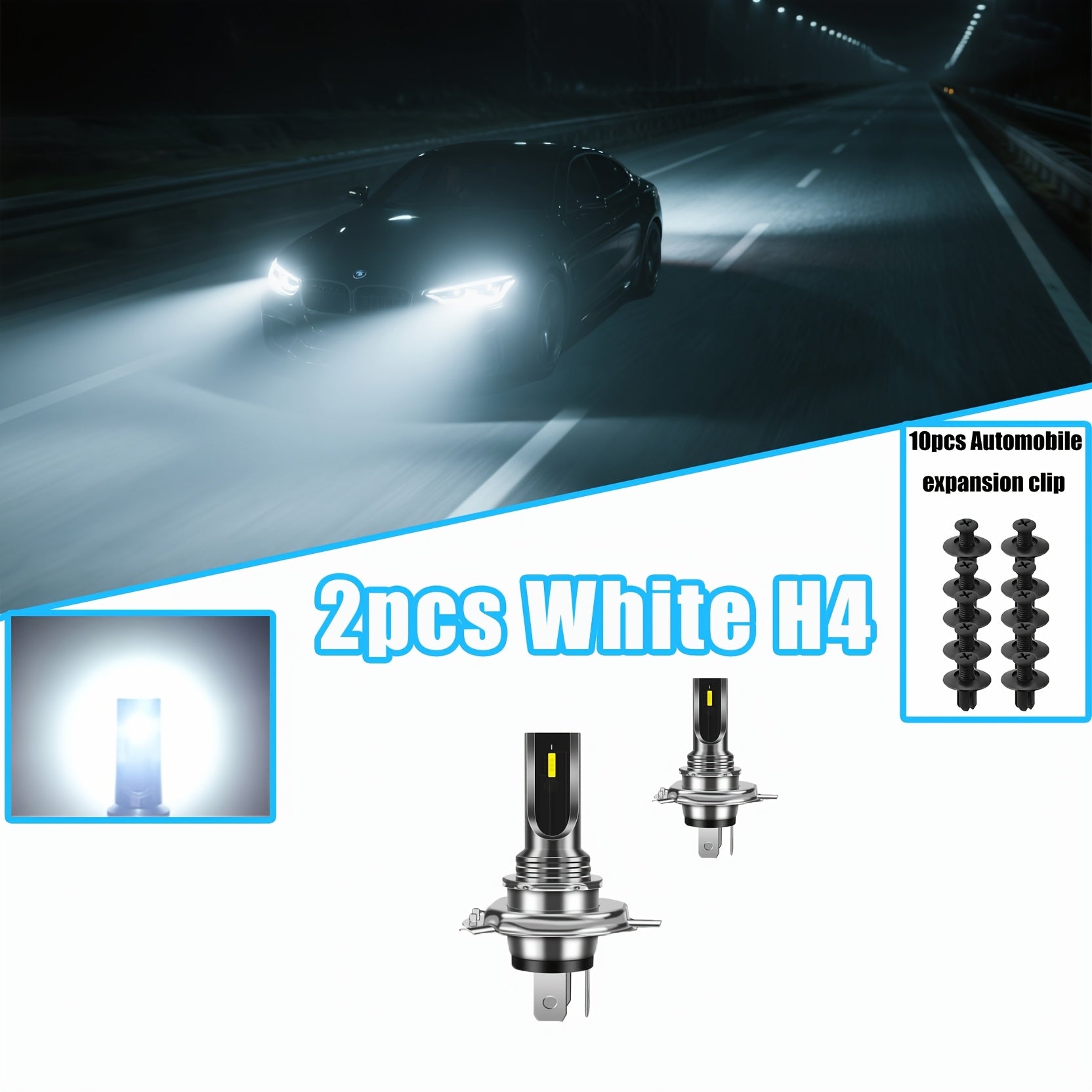 2-Pack Super Bright LED Bulb Combo Set, H4 H7 9005 H11 Fog Light and High/Low Beam, for Car and Motorcycle, with 10 Push-Type Retainer Clips Bumper Clips Auto Modification Parts