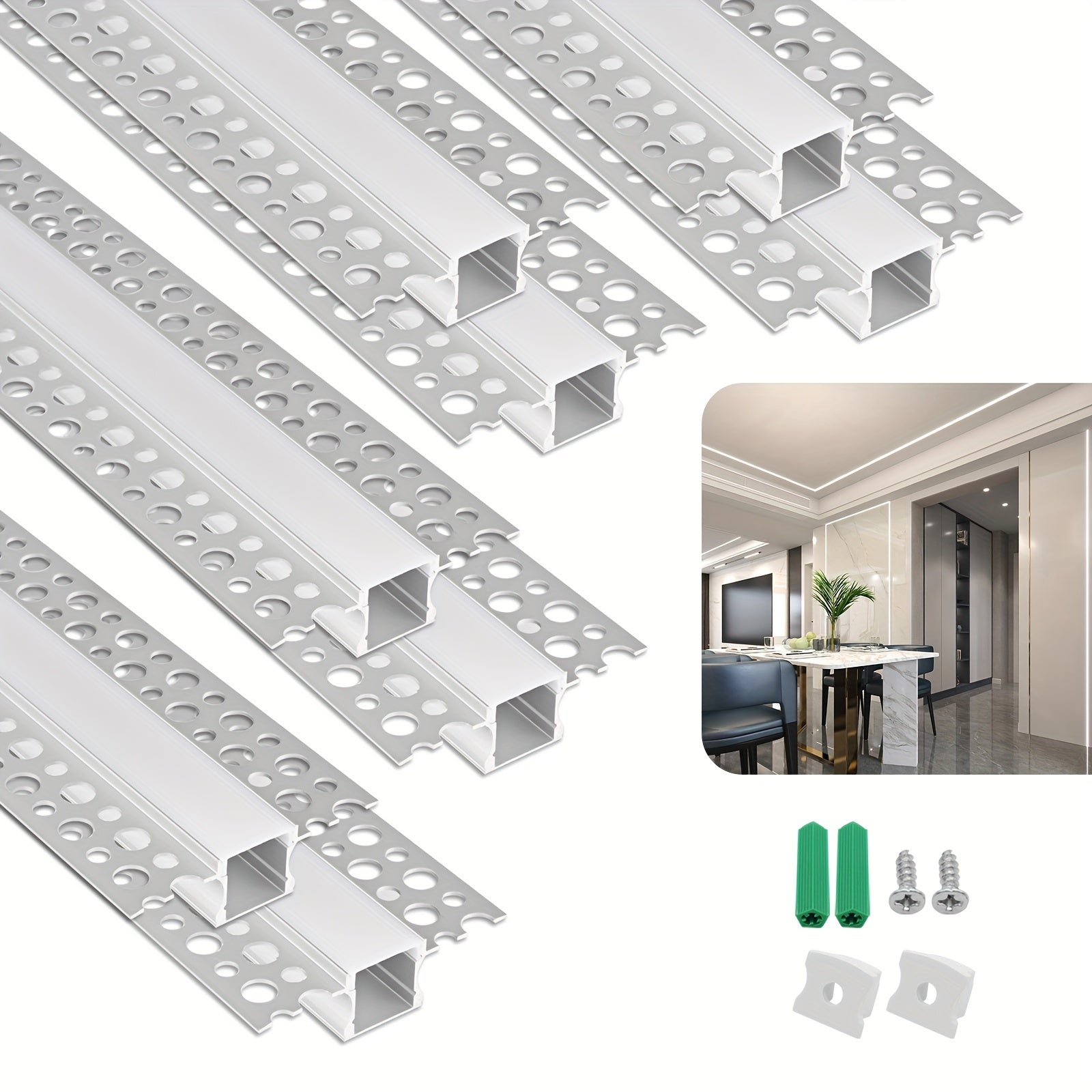 【海运】3.3 英尺/1米 8件装 LED 型材 石膏板暗装 LED 铝通道 LED 灯条扩散器通道,无边嵌入式干墙铝,适用于墙壁和天花板,带乳白色扩散器和端盖