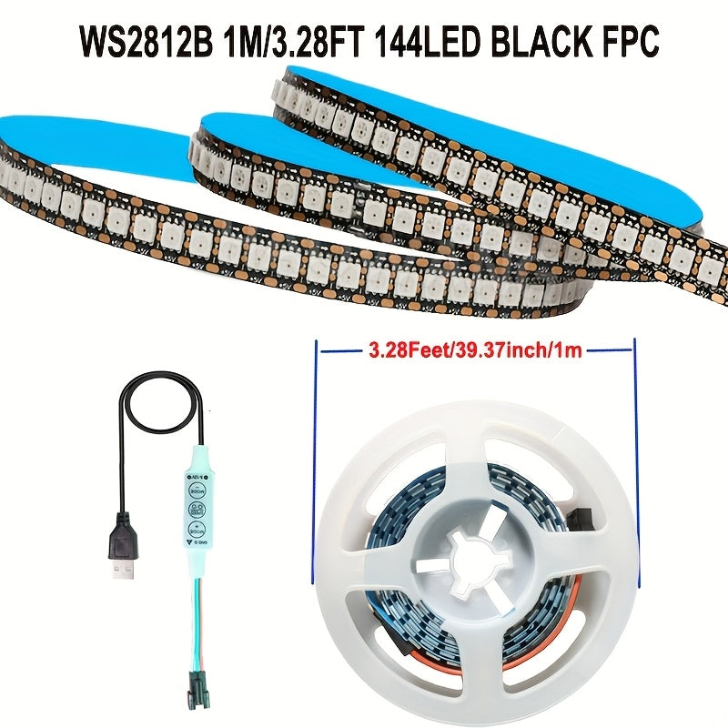 AOEVK WS2812B RGB LED 燈條，4.92 英尺變色，帶 3 鍵遙控器，USB 供電，144 個 LED/米，單獨可定址，內建 IC 晶片，適用於遊戲室、家庭劇院、派對裝飾