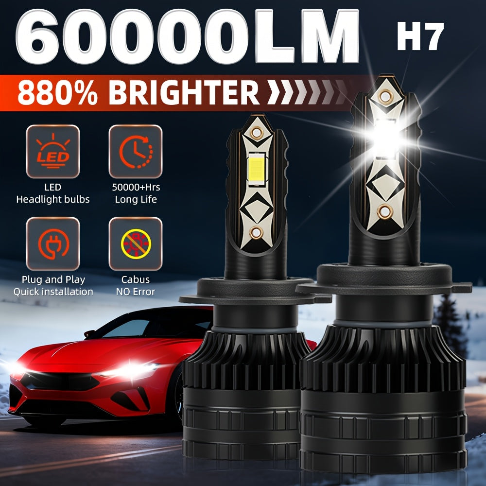 Car LED Headlight Kit (2Pcs), Model H4/HB2/9003, Compatible with 9005, 9006, H1, H4, H7, H11, H8, H9, Brightness 6500K, 12V Voltage, Luminous Power 200W, High Brightness 60000 Lumens, No Battery