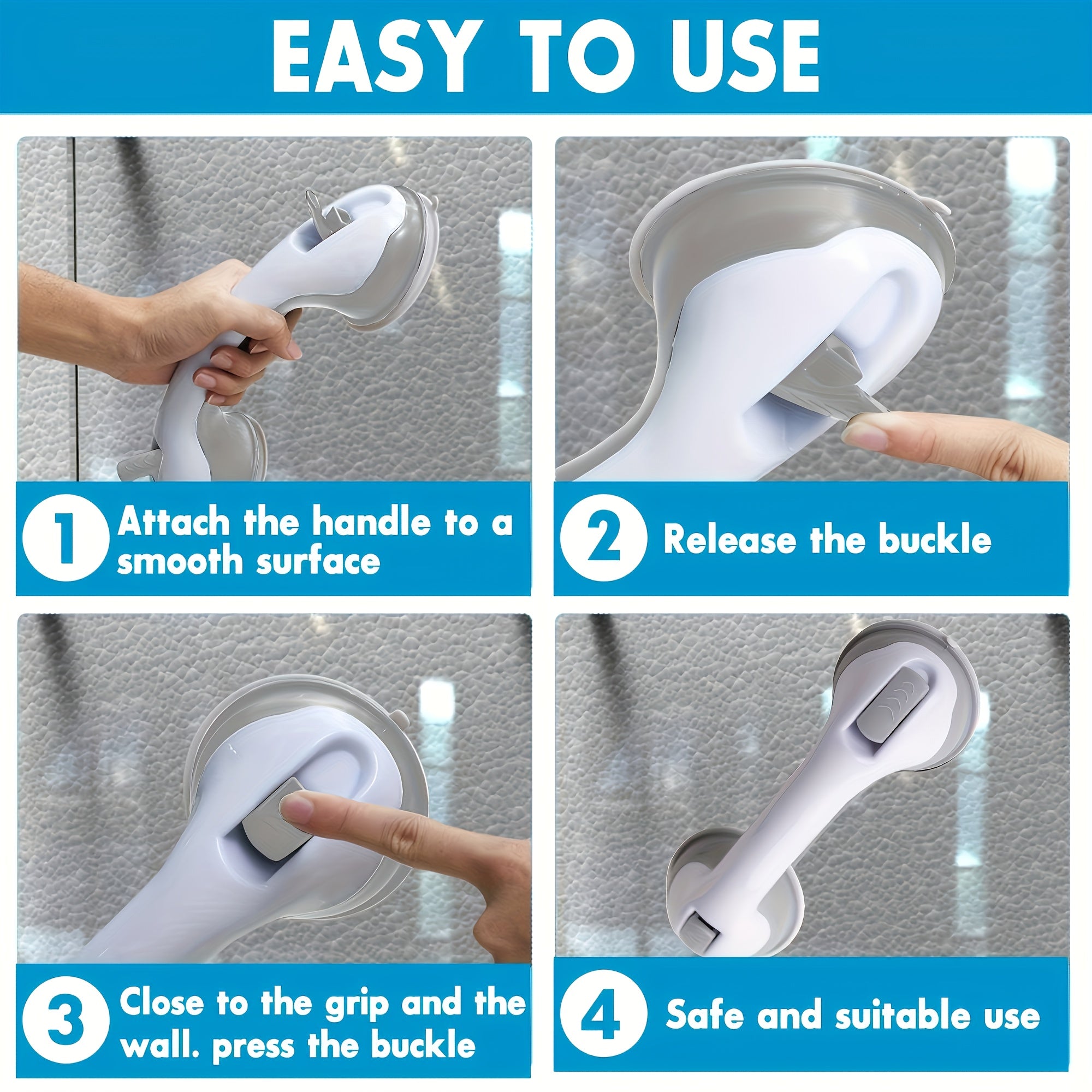 2-Pack No-Drill Bathroom Grab Bar - Strong Suction Cup Anti-Slip Safety Rail for Elderly, Shower Fall Prevention Handle Bar, Height Adjustable Universal (Vacuum Suction / Tool-Free Installation)
