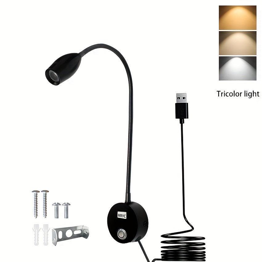 Reading light spotlight, wall-mounted lamp with flexible gooseneck, touch dimmable switch, three color modes, bedside night light suitable for bed, headboard, desk