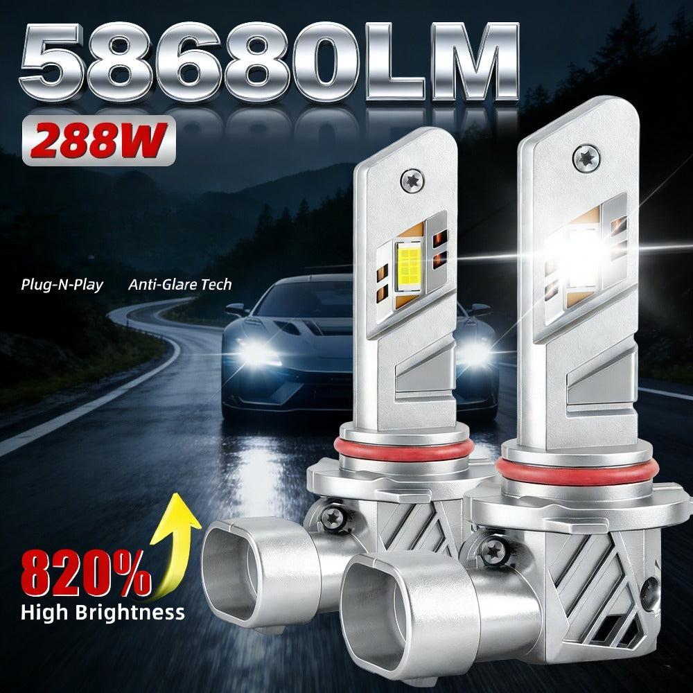 2-Pack LED Car Headlights H7 H11 H1 9005 9006 H4, 58680 Lumens 288W High/Low Beam Fog Light, 820% High Brightness, 300m Illumination Distance, Cool White 6000K, Bright Plug-and-Play Error-Free Decoding