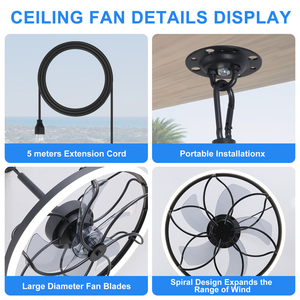 20 Inch Outdoor Ceiling Fan with Light, 6-Speed Dimmable Remote Control Ceiling Fan, Waterproof Reversible Ceiling Fan Light with Hook, Plug-In Caged Ceiling Fan for Porch, Gazebo, Patio, Pergola, Living Room