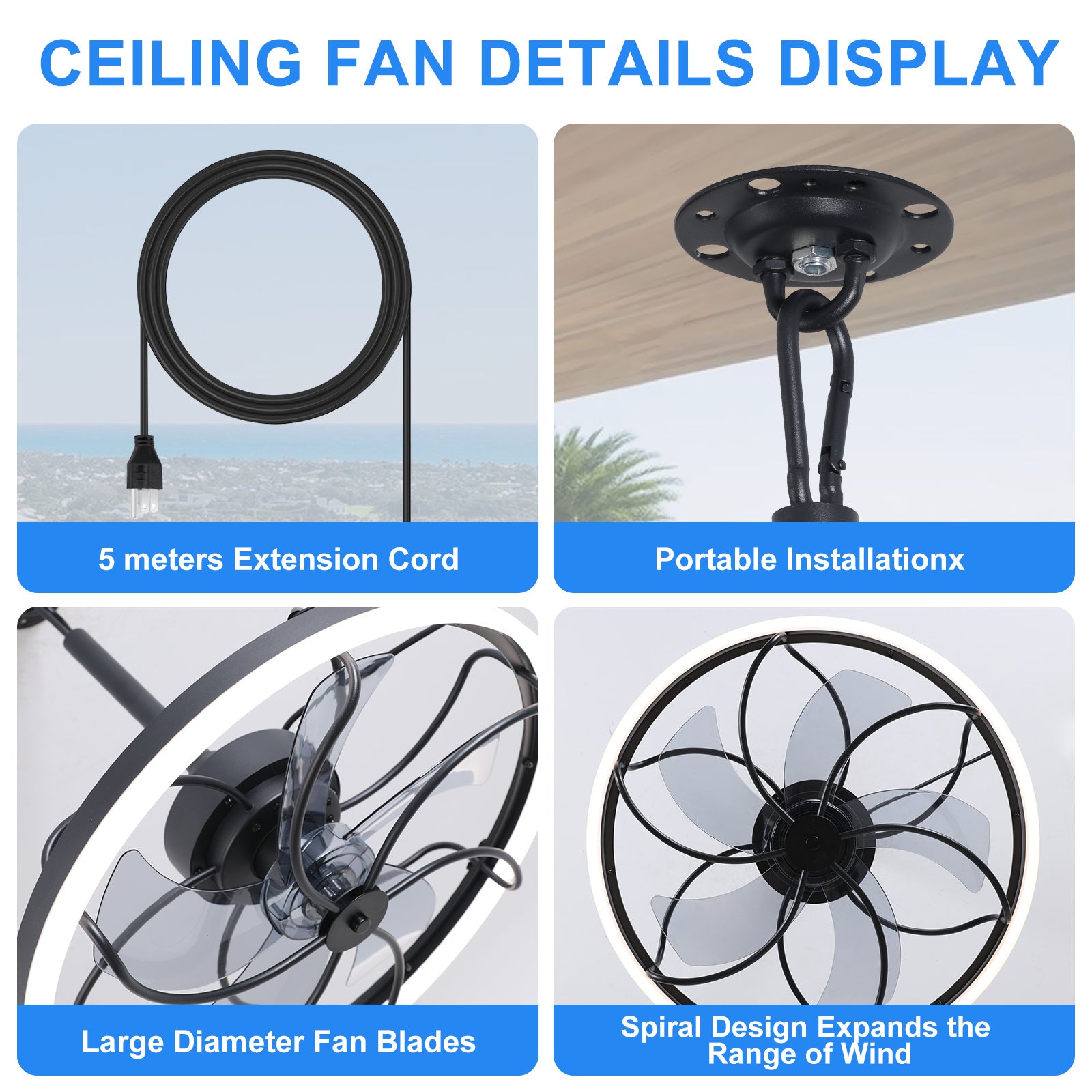 20 Inch Outdoor Ceiling Fan with Light, 6-Speed Dimmable Remote Control Ceiling Fan, Waterproof Reversible Ceiling Fan Light with Hook, Plug-In Caged Ceiling Fan for Porch, Gazebo, Patio, Pergola, Living Room