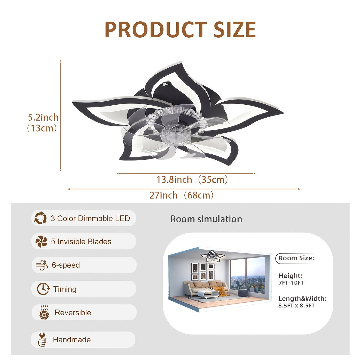 Low-Profile LED Ceiling Fan with Light, Remote Control, 3 Color Temperatures, 6-Speed Adjustable Pure Copper DC Motor, Base with Heat Dissipation Holes. 27-Inch Recessed Floral Modern Ceiling Fan Light, Suitable for Living Room, Bedroom, Kitchen.