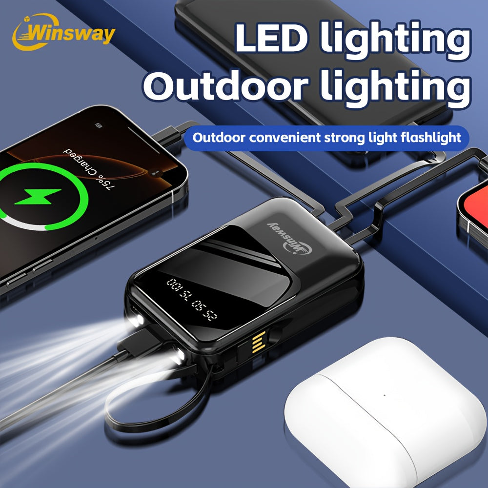 Winsway 10000mAh Portable Lanyard Power Bank With Large Capacity And Fast Charging. Built-in 4 Cables To Charge 4 Mobile Devices At The Same Time. LED Display Screen Is Clear And Convenient. A Must-have For Travel Christmas Gifts
