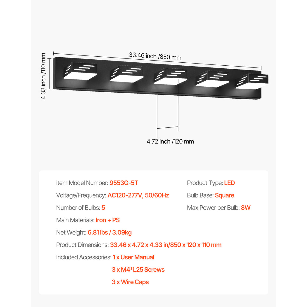 VEVOR 3/4/5/6-Light LED Modern Bathroom Wall Lamp 19.69/25.6/33.5/40.2-Inch Wall Light