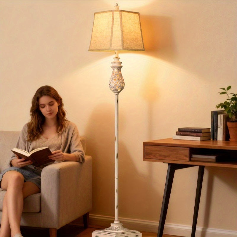 64-inch vintage floor lamp with night light function, three-level dimming rustic style tall standing lamp, with rotary switch and beige linen lampshade, suitable for living room, corner, bedroom and home decoration, white (bulb included)