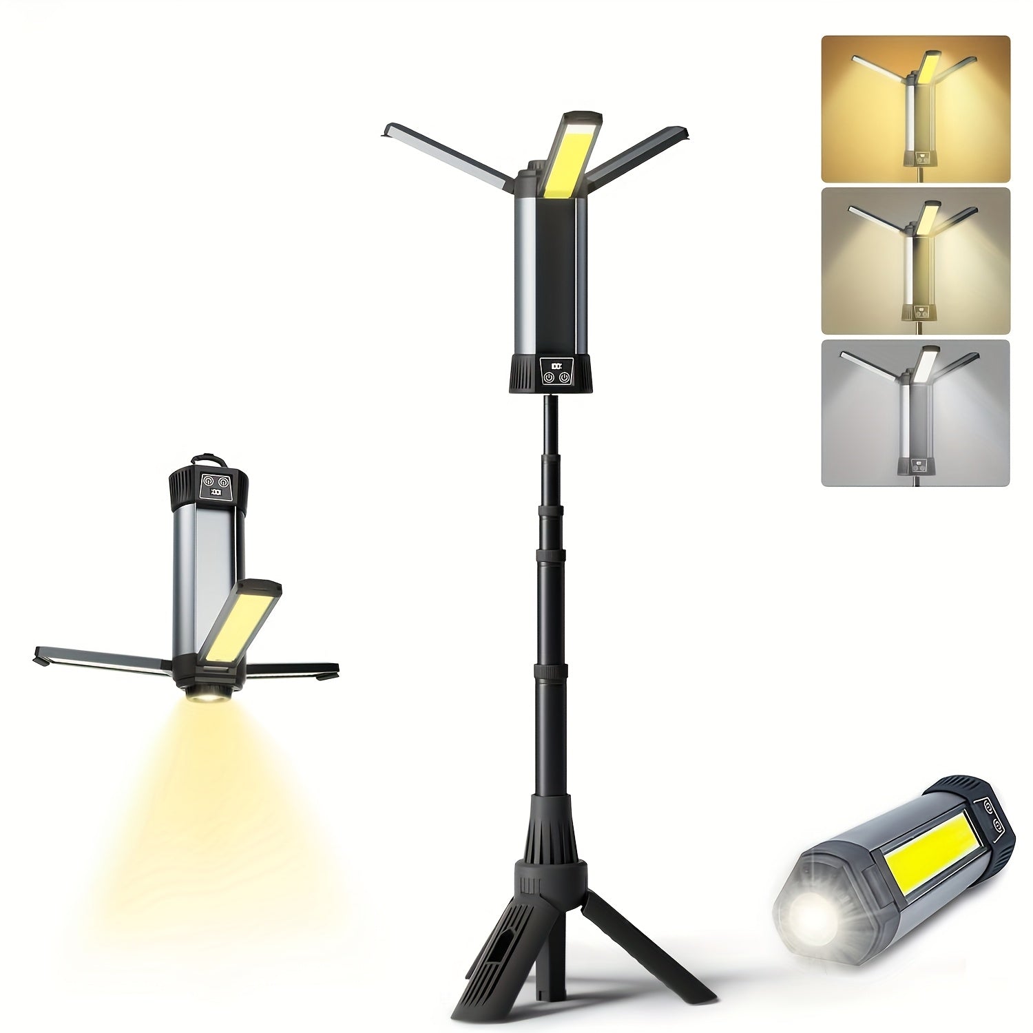 LED work light with tripod, 6000mAh battery, rechargeable flashlight, magnetic base, 10 lighting modes, portable camping light, rotating spotlight, suitable for commercial use, auto repair, garage work