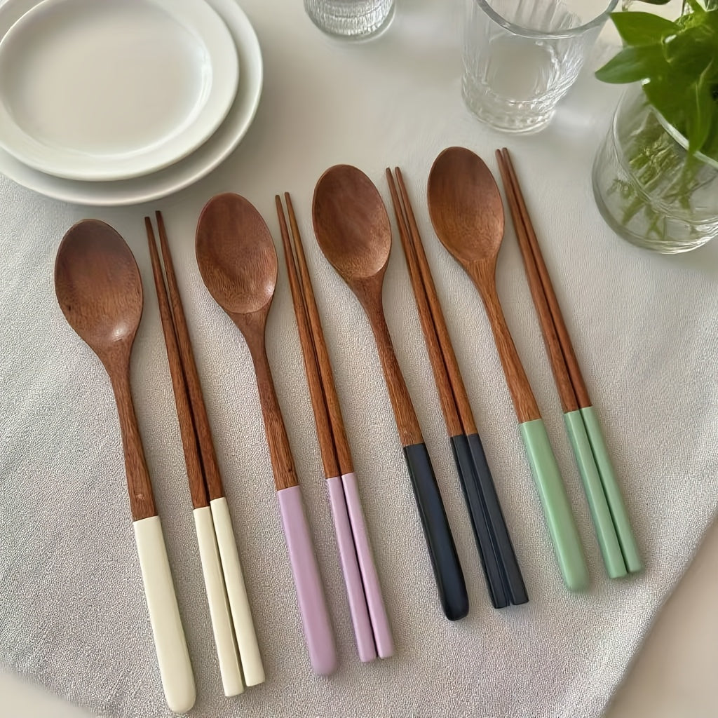 4-Piece Japanese Macaron Color Series Wooden Long Handle Colored Spoon & Chopstick Set – Handmade Reusable Cutlery Set – Essential for Christmas, Halloween, Easter Holidays – Durable Home Tableware Necessity – Perfect for Kitchen & Dining Room/