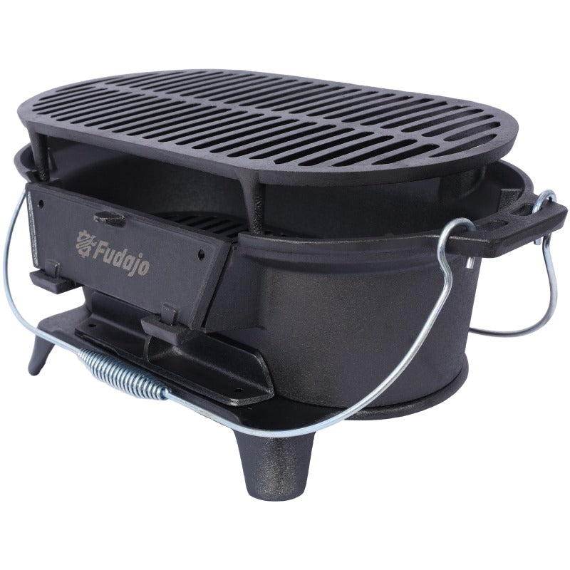 Oval Cast Iron Grill | Portable Charcoal Grill & Tabletop Griddle – 100% Painted Cast Iron, Durable, Small Camping Stove Hot Pot Grill