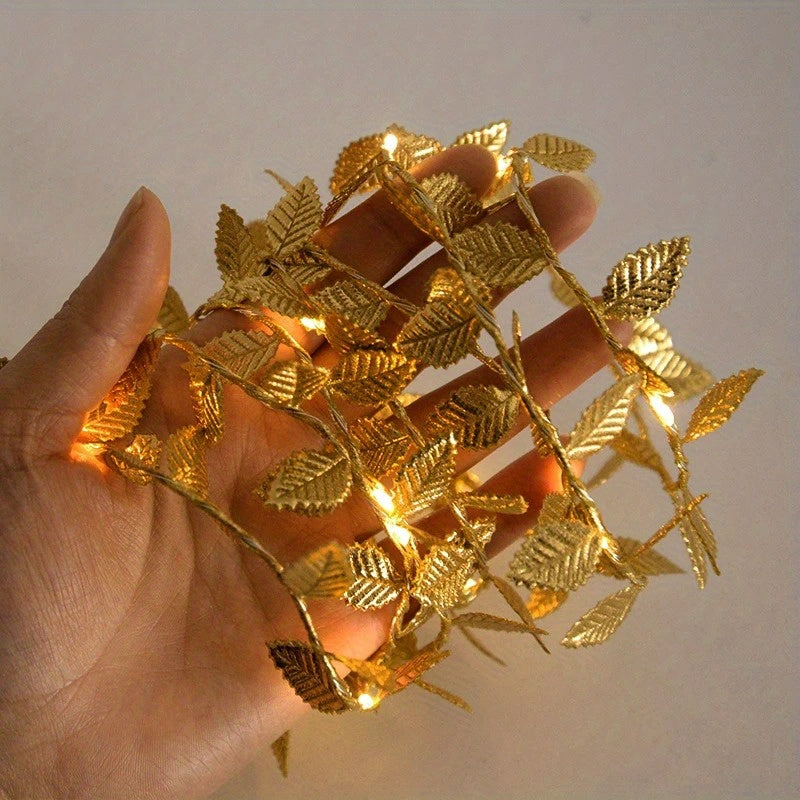 3米/30颗LED金色叶片花环仙女灯 暖白色串灯电池驱动 家居圣诞感恩节餐桌婚礼人造植物装饰 无羽毛不含电池